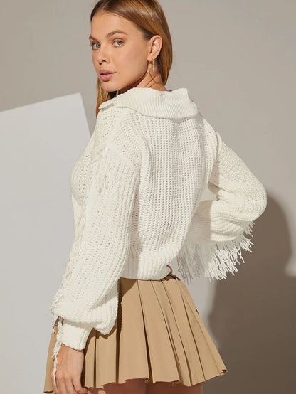 Open Collar Fringe Sleeve Cable Sweater, Beige