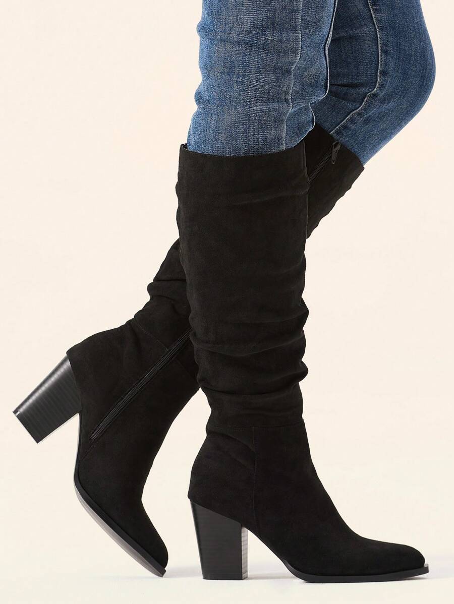 Women's Faux Suede Pointed Toe Knee-High Slouch Boots with Chunky Heel, Black