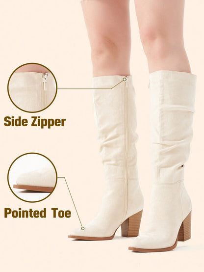 Women's Faux Suede Pointed Toe Knee-High Slouch Boots with Chunky Heel, Beige