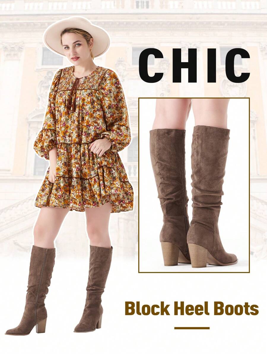 Women's Faux Suede Pointed Toe Knee-High Slouch Boots with Chunky Heel, Brown