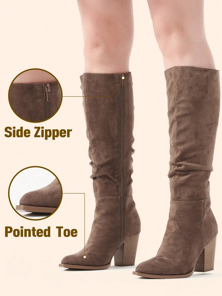 Women's Faux Suede Pointed Toe Knee-High Slouch Boots with Chunky Heel, Brown