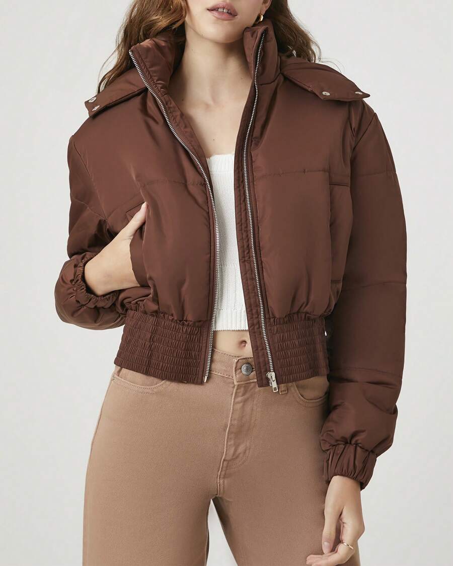 Cropped Hooded Puffer Jacket, Brown