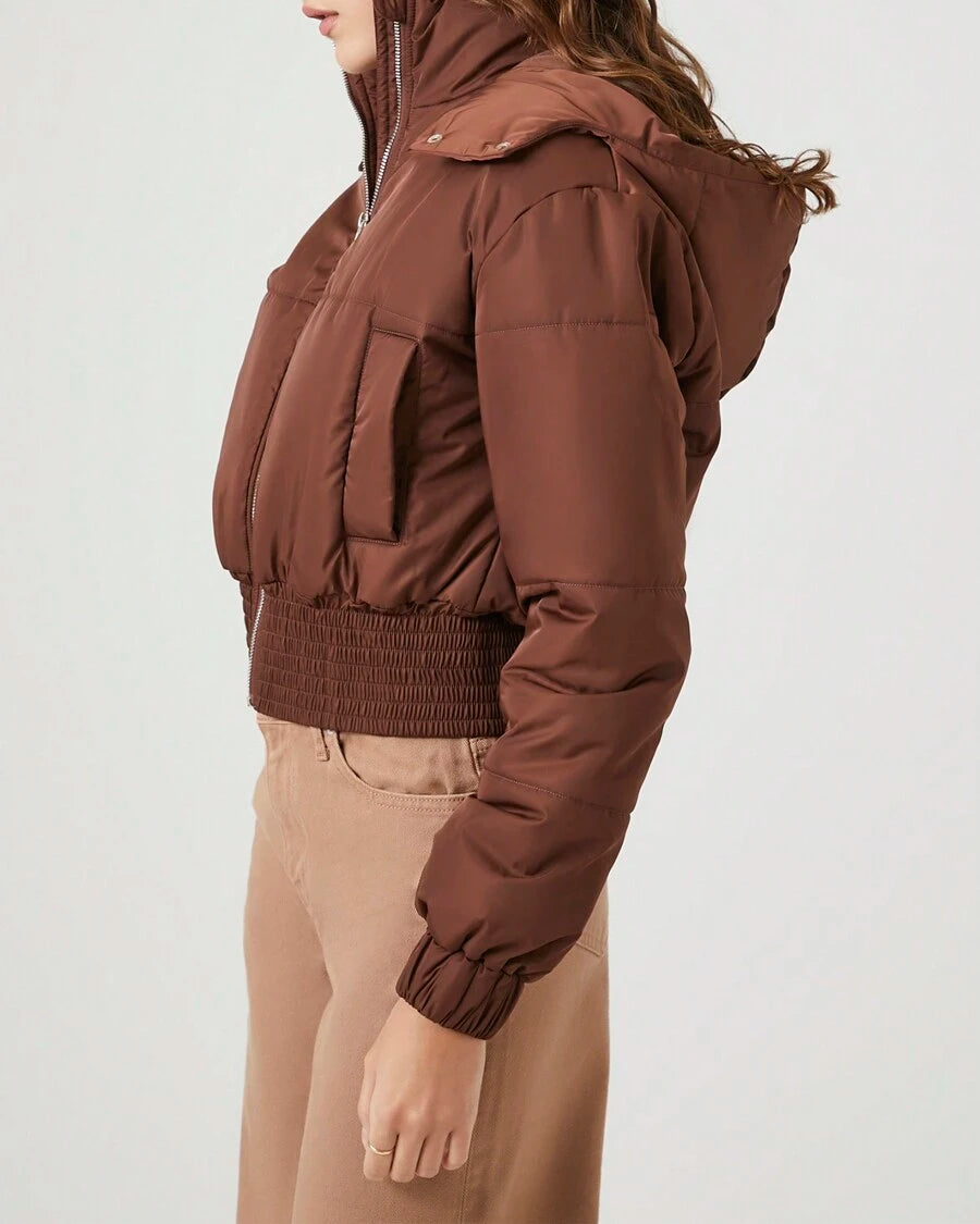 Cropped Hooded Puffer Jacket, Brown