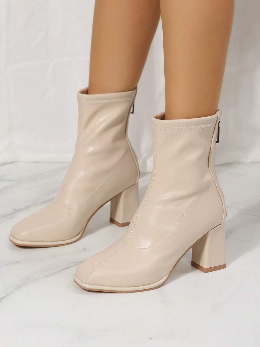 Women's Beige Mid-Calf Boots with Chunky Heel and Back Zipper – Simple and Comfortable