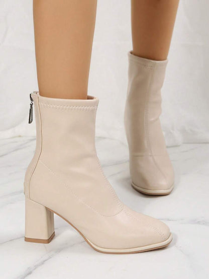 Women's Beige Mid-Calf Boots with Chunky Heel and Back Zipper – Simple and Comfortable