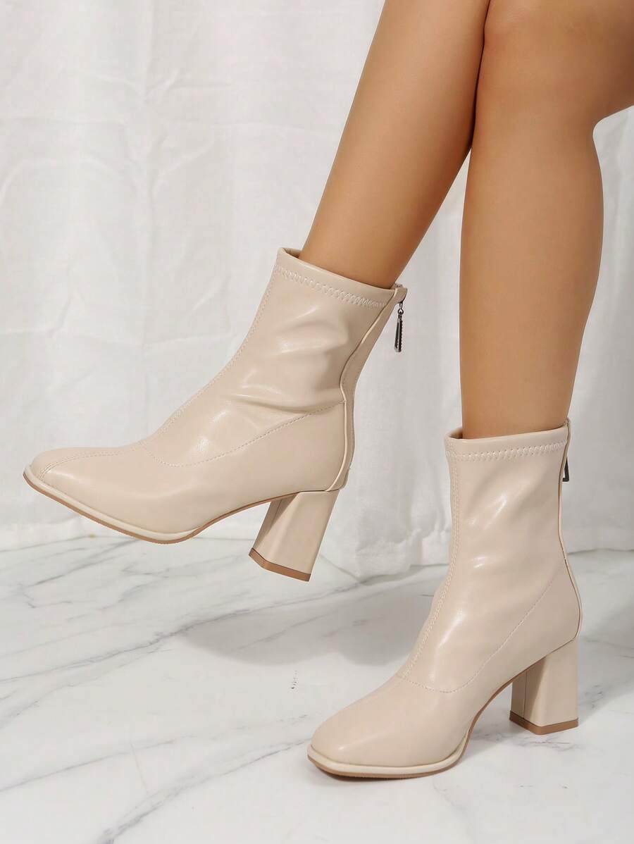 Women's Beige Mid-Calf Boots with Chunky Heel and Back Zipper – Simple and Comfortable