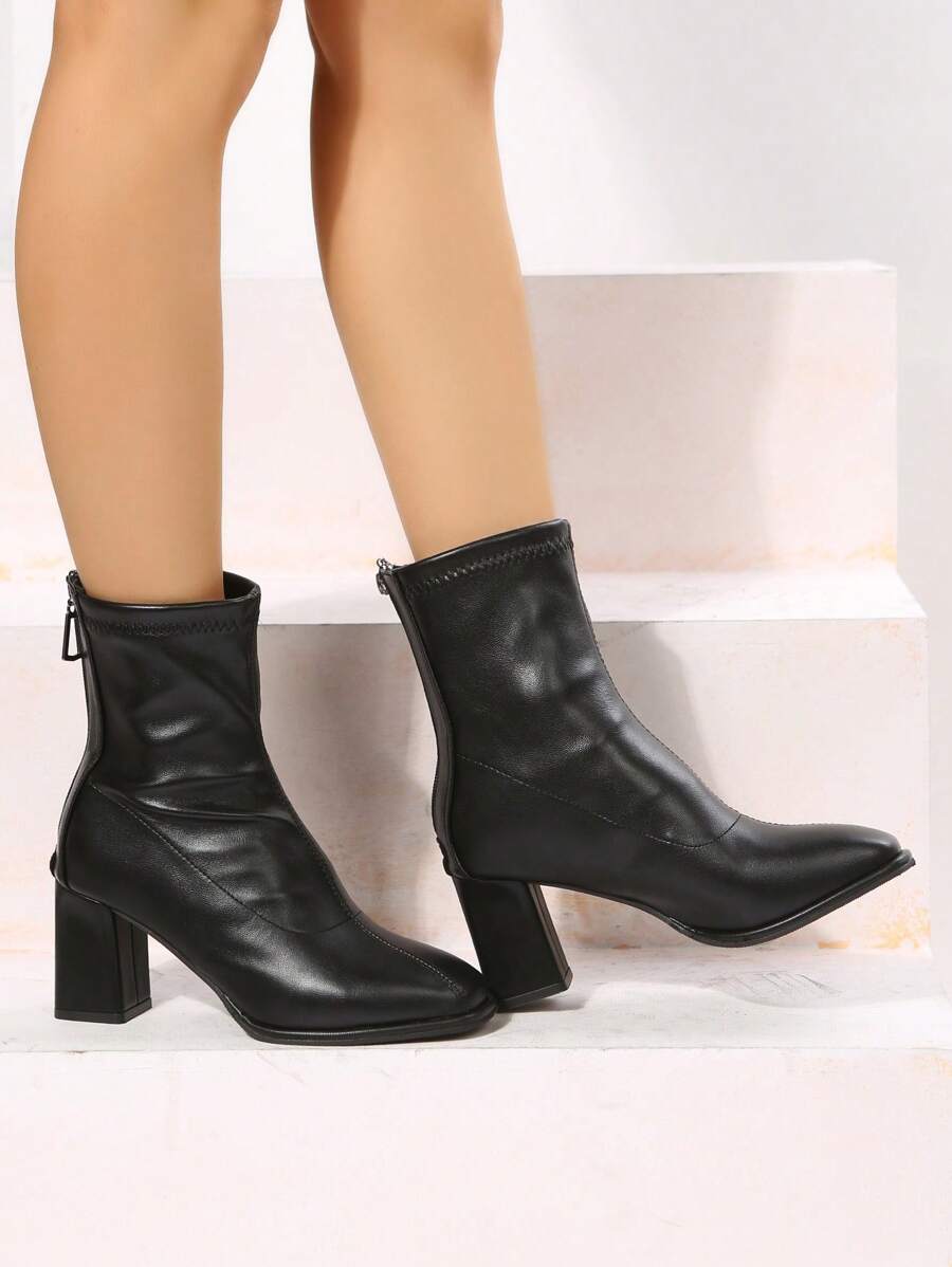 Women's Black Mid-Calf Boots with Chunky Heel and Back Zipper – Simple and Comfortable