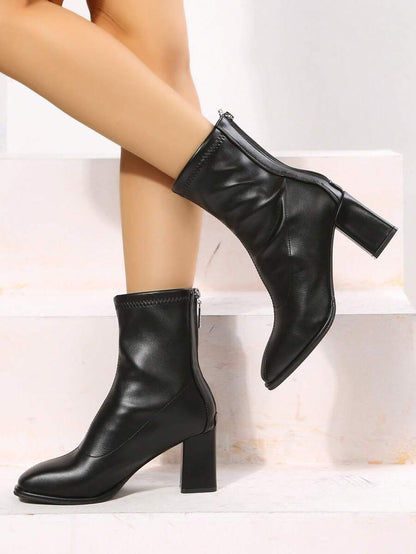 Women's Black Mid-Calf Boots with Chunky Heel and Back Zipper – Simple and Comfortable