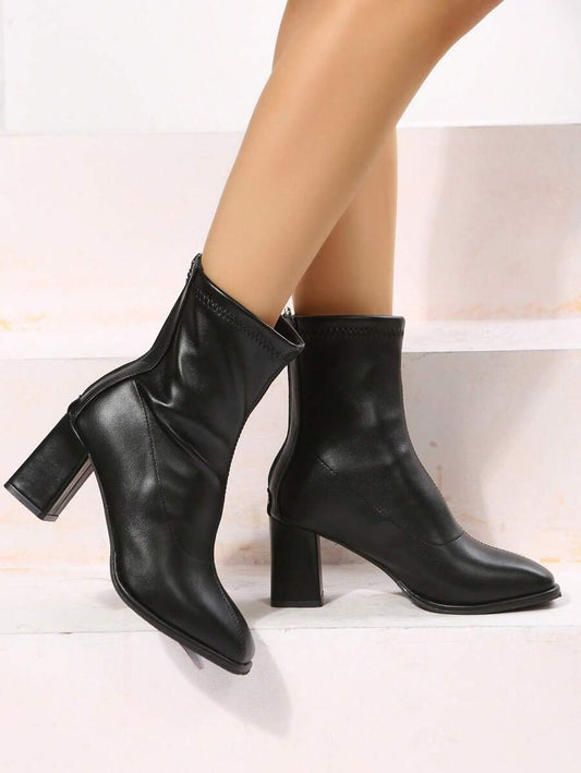 Women's Black Mid-Calf Boots with Chunky Heel and Back Zipper – Simple and Comfortable