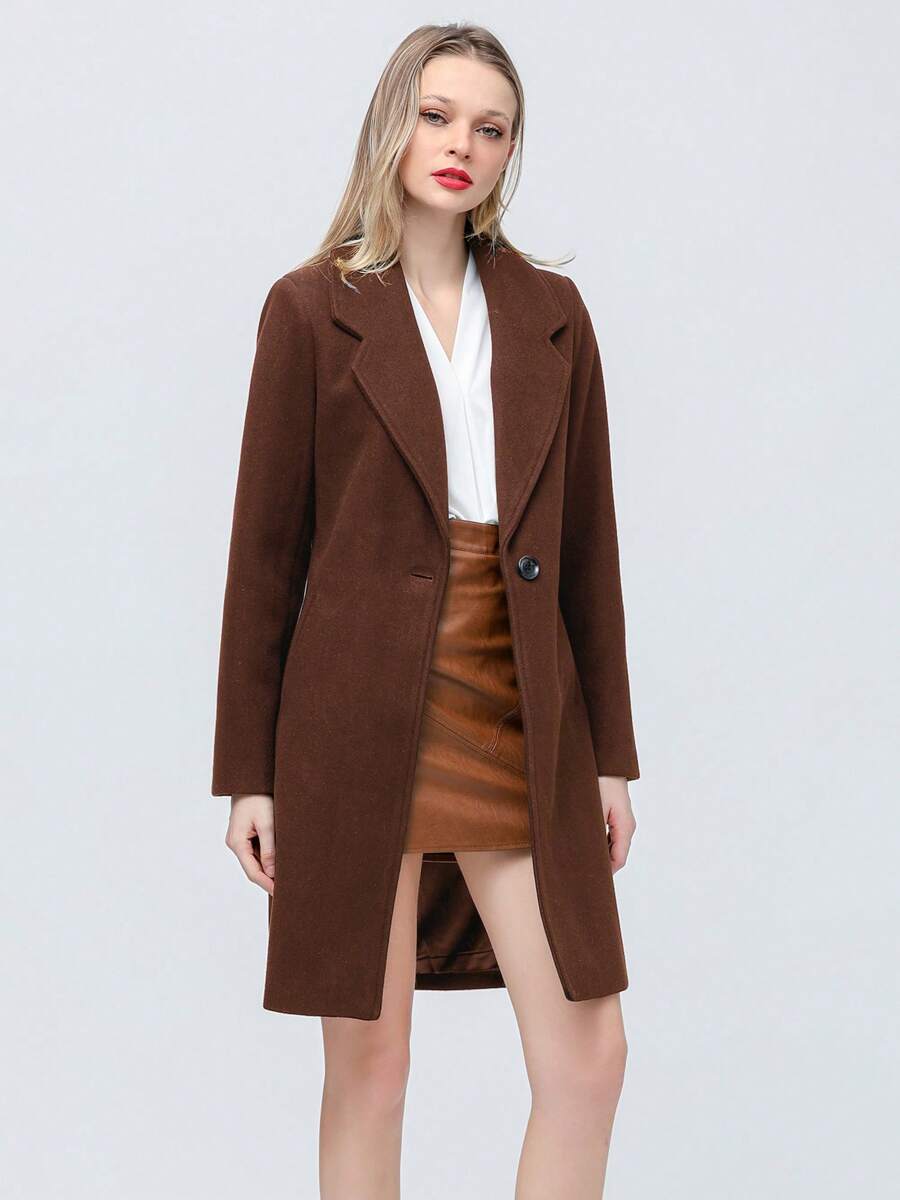 Women's Elegant Wool Blend Trench Winter Jacket Mid-Long Windproof Lapel Slim Pea Coat, Brown