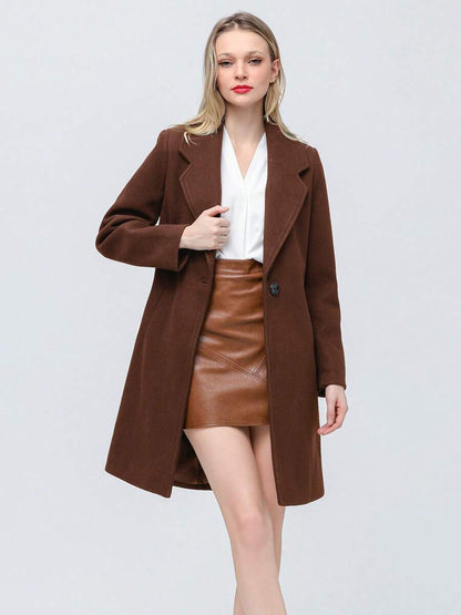 Women's Elegant Wool Blend Trench Winter Jacket Mid-Long Windproof Lapel Slim Pea Coat, Brown