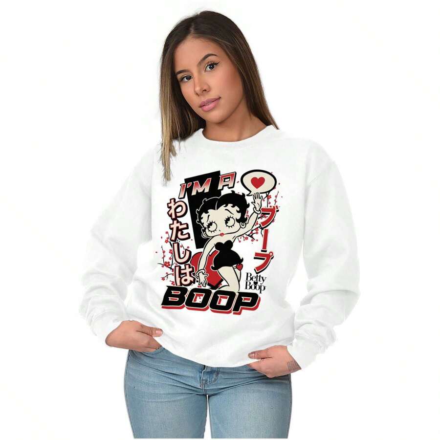 Retro Cartoon I'm A Boop Women Crewneck Sweatshirt, White