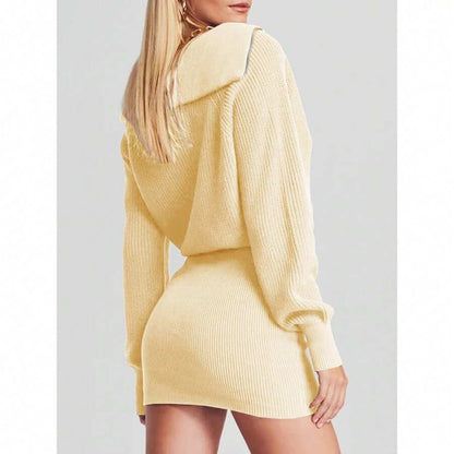 Womens Zipper Up Bodycon Sweater Dress 2024 Cozy Pullover Long Sweaters Trendy Rib Knit Mini Dresses, Beige