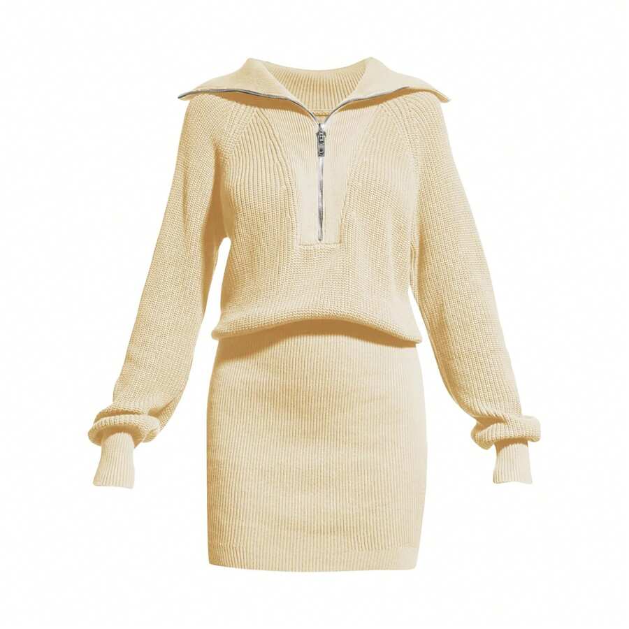 Womens Zipper Up Bodycon Sweater Dress 2024 Cozy Pullover Long Sweaters Trendy Rib Knit Mini Dresses, Beige