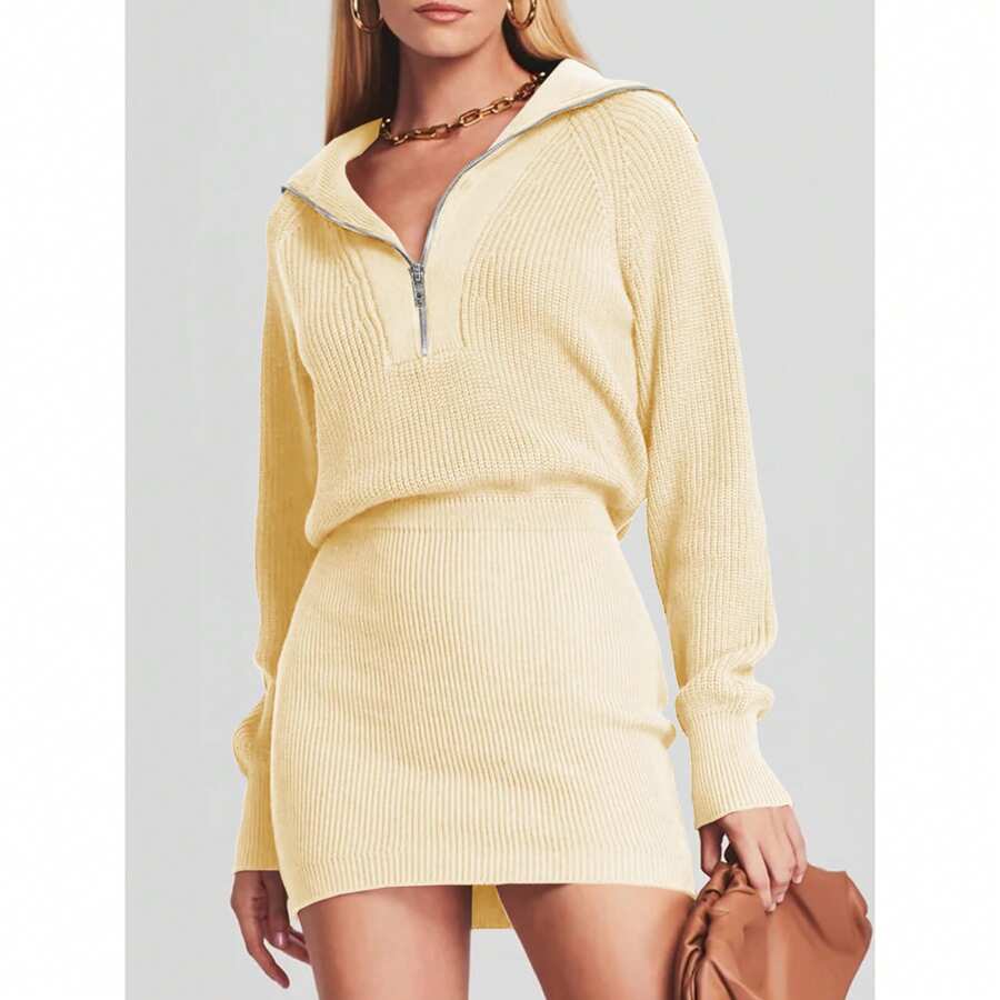 Womens Zipper Up Bodycon Sweater Dress 2024 Cozy Pullover Long Sweaters Trendy Rib Knit Mini Dresses, Beige