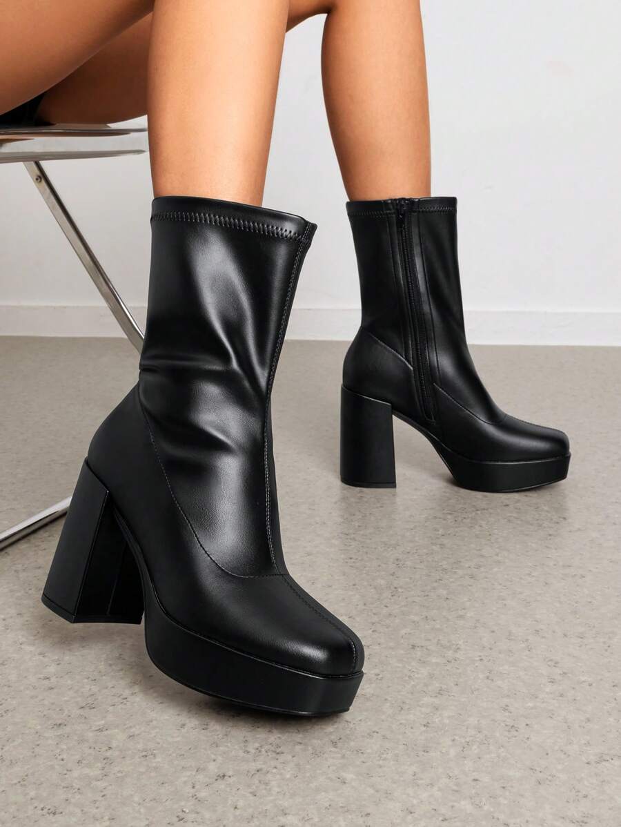 Women's Mid-Calf Platform Boots with High Block Heels, Square Toe, Waterproof Design, and Side Zipper – Fashionable, Lightweight, and Elegant, Black