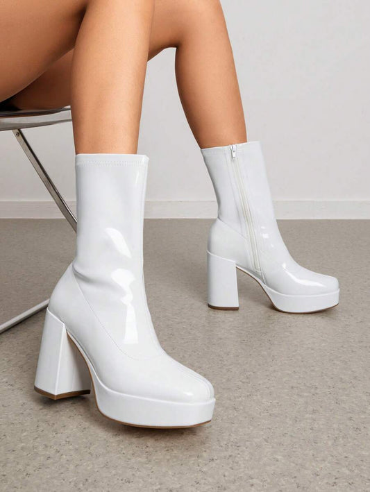 Women's Mid-Calf Platform Boots with High Block Heels, Square Toe, Waterproof Design, and Side Zipper – Fashionable, Lightweight, and Elegant, White