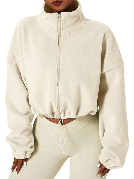 Women's Thickened Sports Jacket, Lamb Cashmere, Autumn And Winter Stand Up Collar, Loose Drawstring Zipper Hoodie, Beige