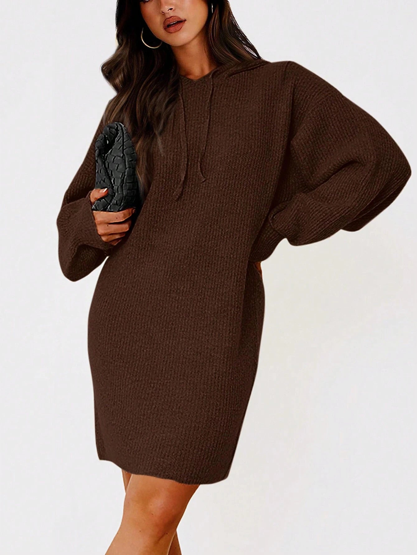 Women's Knitted Pullover Sweater Autumn Fashion Clothing Long Sleeve Winter Hoodie Sweater Dress, Brown