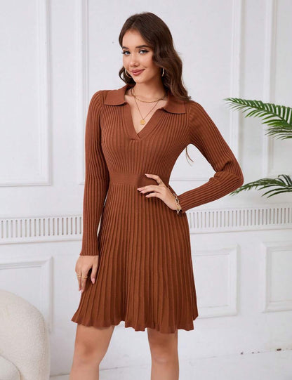 Women's Sweater Dress 2024 Fall Long Sleeve Cable Lapel Collar Dress Ribbed Knit A Line Swing Pleated Midi Dresses, Brown