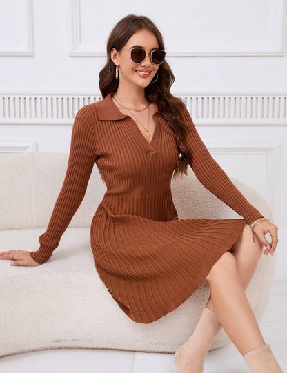 Women's Sweater Dress 2024 Fall Long Sleeve Cable Lapel Collar Dress Ribbed Knit A Line Swing Pleated Midi Dresses, Brown