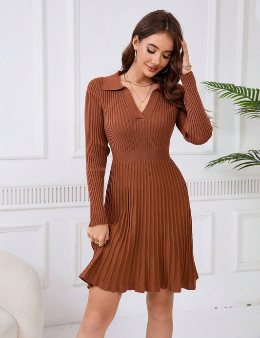 Women's Sweater Dress 2024 Fall Long Sleeve Cable Lapel Collar Dress Ribbed Knit A Line Swing Pleated Midi Dresses, Brown