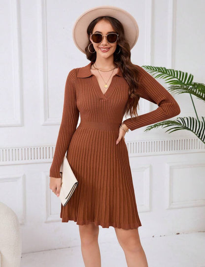 Women's Sweater Dress 2024 Fall Long Sleeve Cable Lapel Collar Dress Ribbed Knit A Line Swing Pleated Midi Dresses, Brown