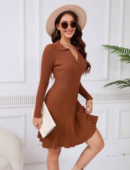 Women's Sweater Dress 2024 Fall Long Sleeve Cable Lapel Collar Dress Ribbed Knit A Line Swing Pleated Midi Dresses, Brown