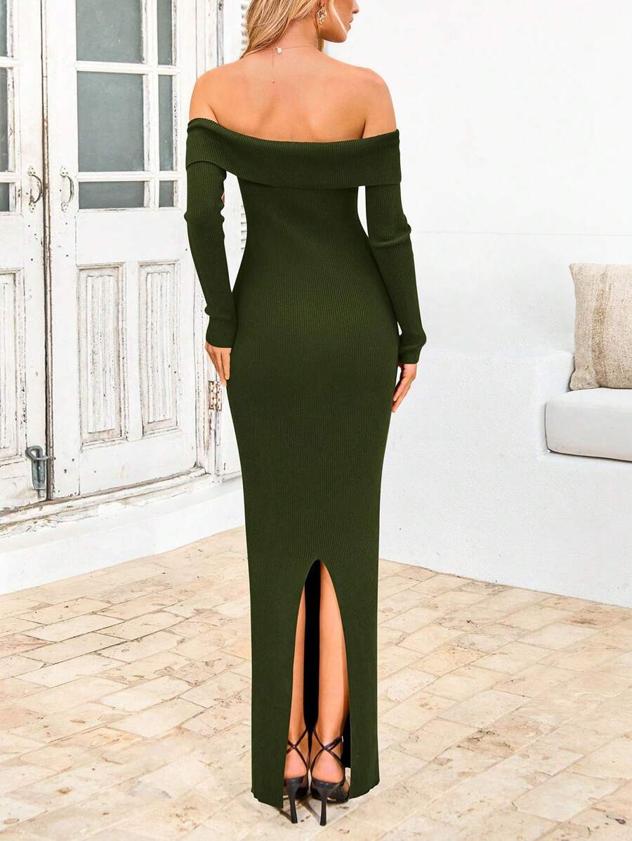 Women's Fall Sweater Dress Long Sleeve Off Shoulder Slit Maxi Bodycon Cocktail Party Dresses, Green