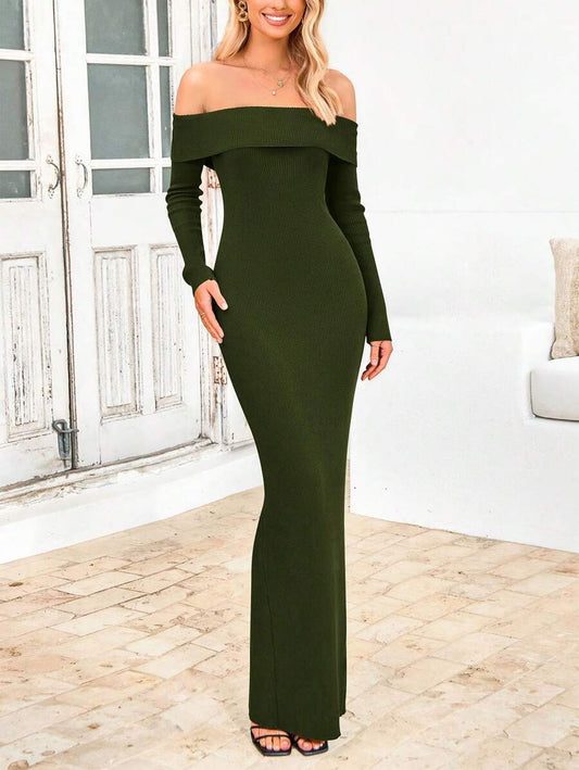 Women's Fall Sweater Dress Long Sleeve Off Shoulder Slit Maxi Bodycon Cocktail Party Dresses, Green