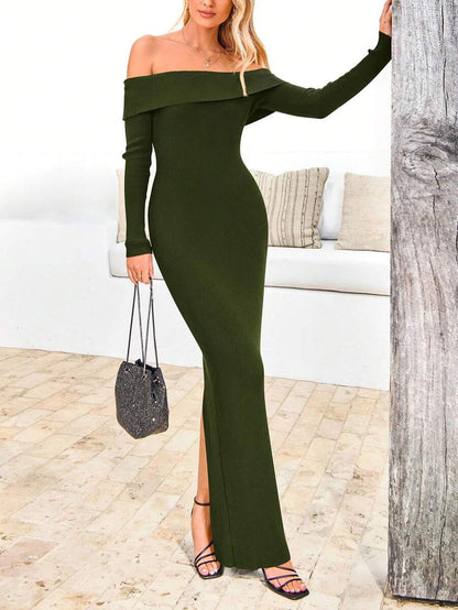 Women's Fall Sweater Dress Long Sleeve Off Shoulder Slit Maxi Bodycon Cocktail Party Dresses, Green