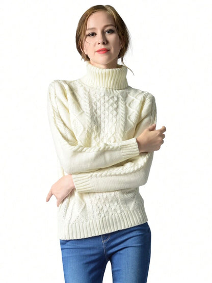 Womens Cable Knit Turtle Neck Stretch Long Sleeve Pullover Sweater, White