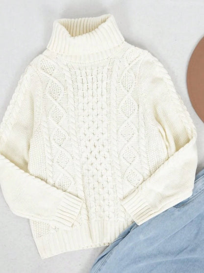 Womens Cable Knit Turtle Neck Stretch Long Sleeve Pullover Sweater, White