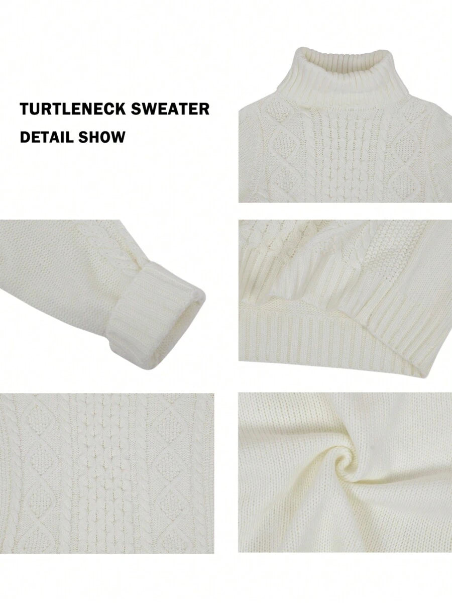 Womens Cable Knit Turtle Neck Stretch Long Sleeve Pullover Sweater, White