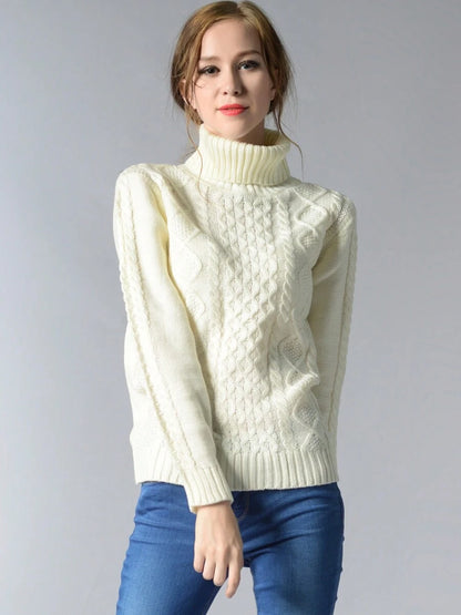 Womens Cable Knit Turtle Neck Stretch Long Sleeve Pullover Sweater, White