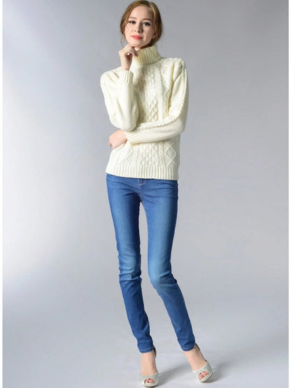 Womens Cable Knit Turtle Neck Stretch Long Sleeve Pullover Sweater, White