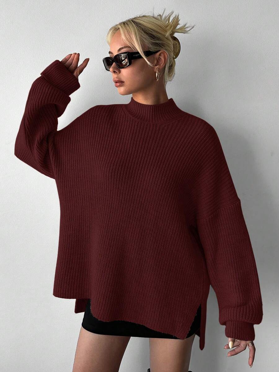 Women Plain Stand Collar Long Sleeve Sweater, Casual For Daily Wear, Redwood