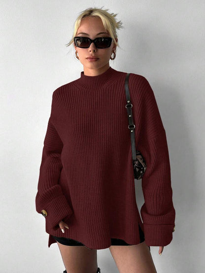 Women Plain Stand Collar Long Sleeve Sweater, Casual For Daily Wear, Redwood