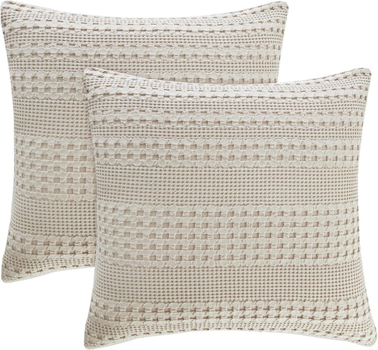 26x26 Pillow Covers Set of 2, %100 Washed Cotton Material, Waffle Weave Euro Sham Covers, Pillow Cases for Elegant Home Decor, No Insert Included, Beige