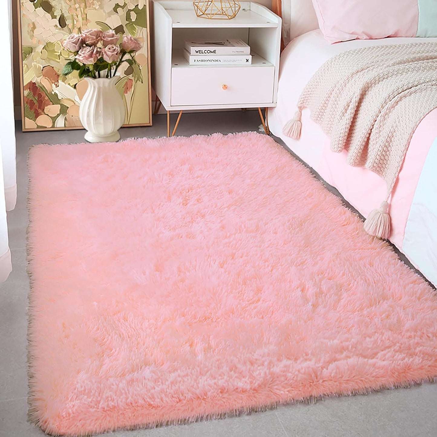 Shag 3x5 Rug, Fluffy Small Area Rug for Girls Bedroom, Cute Plush Throw for Nursery, Kids Room, or Living Room, Pink