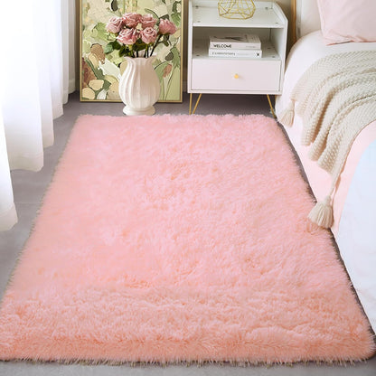 Shag 3x5 Rug, Fluffy Small Area Rug for Girls Bedroom, Cute Plush Throw for Nursery, Kids Room, or Living Room, Pink