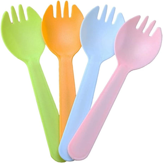 Spork for All, Mini Disposable Sporks 100 Piece, Plastic Spork 2 in 1 Utensils, Colorful Sporks (4.5"L x 1.2"W) CA Ticaret