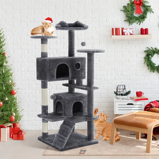 54In Multi-Level Cat Tree Tower with Sisal Cat Scratching Posts, Anti-Tilt Device, 2 Large Condo Beds, Perches, Luxurious Plush Pet House for Indoor Cats & Kittens