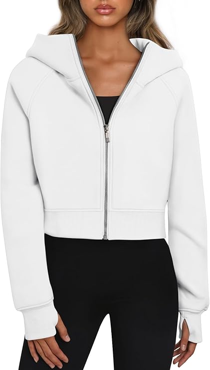 2024 Women's Cropped Zip-Up Hoodies – Casual Fleece Sweatshirts for Fall and Winter Y2K Style, White