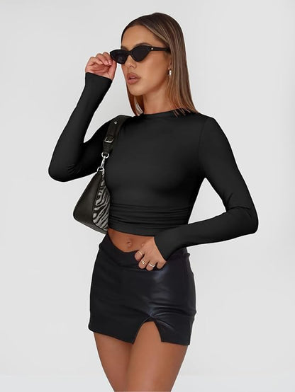 Women's Black Long Sleeve Slim Fit Crop Top - Cute Y2K Fall/Winter Essentials for Teens 2024