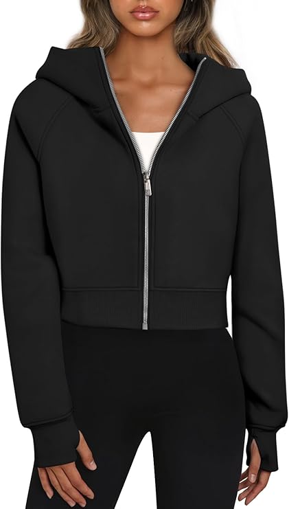 2024 Women's Cropped Zip-Up Hoodies – Casual Fleece Sweatshirts for Fall and Winter Y2K Style, Black