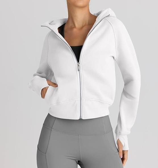 2024 Women's Cropped Zip-Up Hoodies – Casual Fleece Sweatshirts for Fall and Winter Y2K Style, White