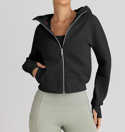 2024 Women's Cropped Zip-Up Hoodies – Casual Fleece Sweatshirts for Fall and Winter Y2K Style, Black