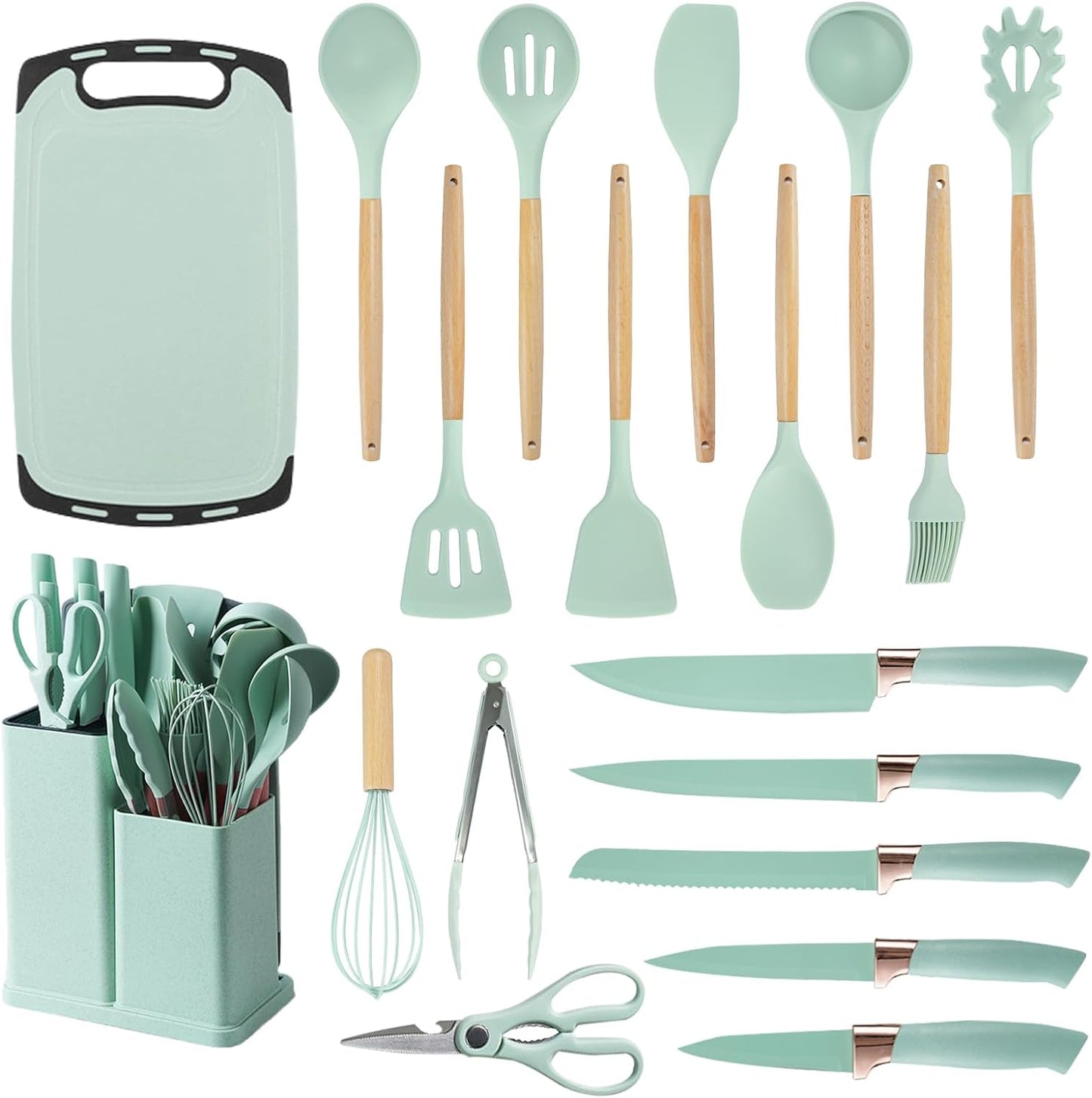 Retro Kitchen, Heat Resistant Silicone Utensils, Silicone Utensils, Set of Cooking Utensils for Kitchen, 19 PCS Set (14.09 x 8.7 x 5.39 inches) CA Ticaret