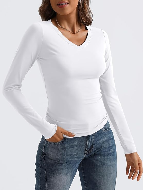 Women's White Long Sleeve V-Neck Crop Top - 2024 Fall Fashion Slim Fit Layering Essential